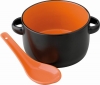 Black ceramic soup bowl with spoon